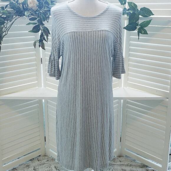 COA NWT ANTHROPOLOGIE GRAY STRIPE PENCIL DRESS WITH BELL SLEEVE SIZE MED - Picture 1 of 7